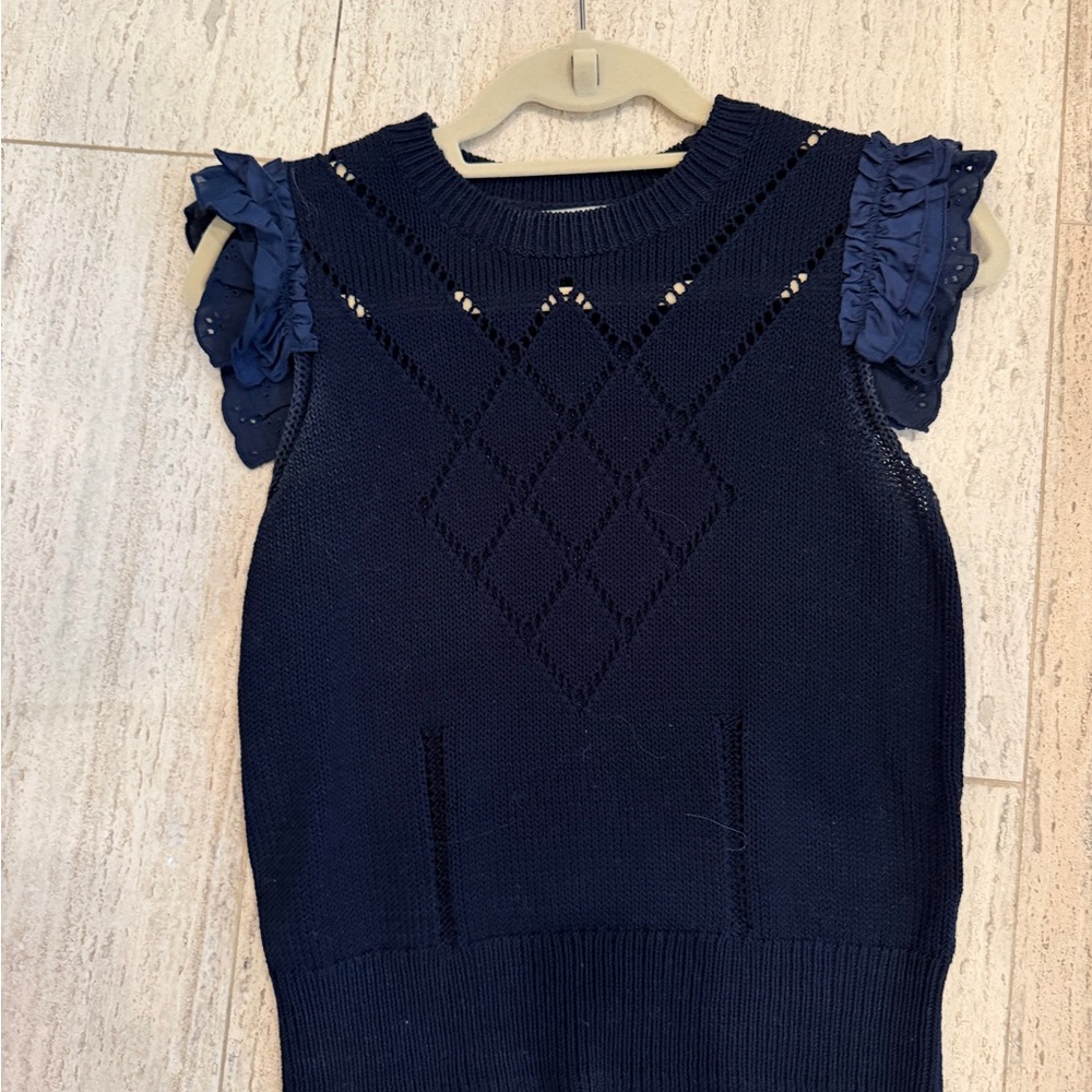 Coach Navy Knit Crewneck Sweater with Ruffle Cap Sleeves